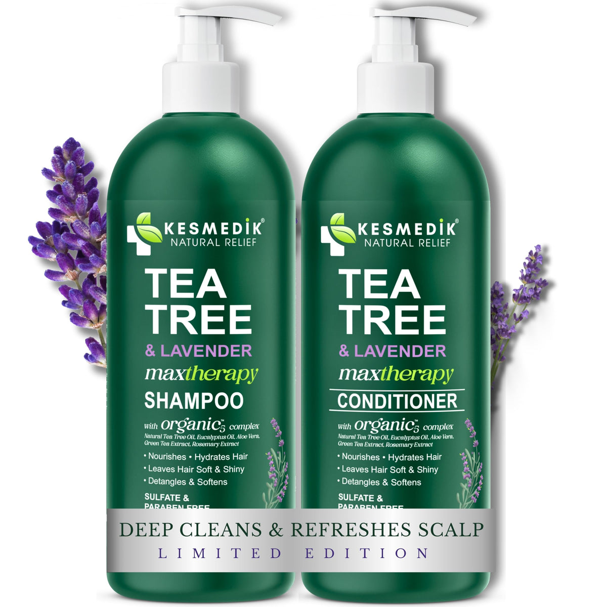 KESMEDIK Tea Tree Lavender Shampoo bottle highlights refreshing cleansing for oily scalp.
