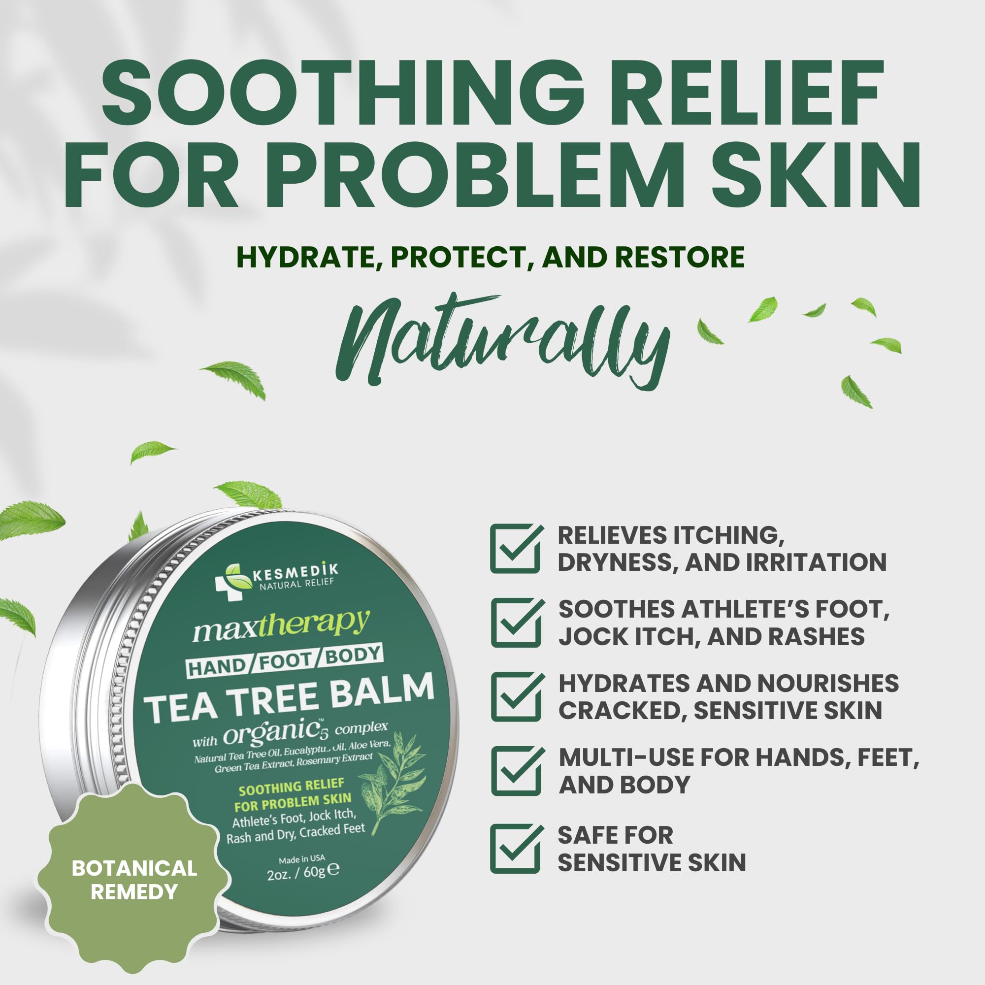 KESMEDIK Tea Tree Oil Balm jar close-up shows creamy, non-greasy texture.