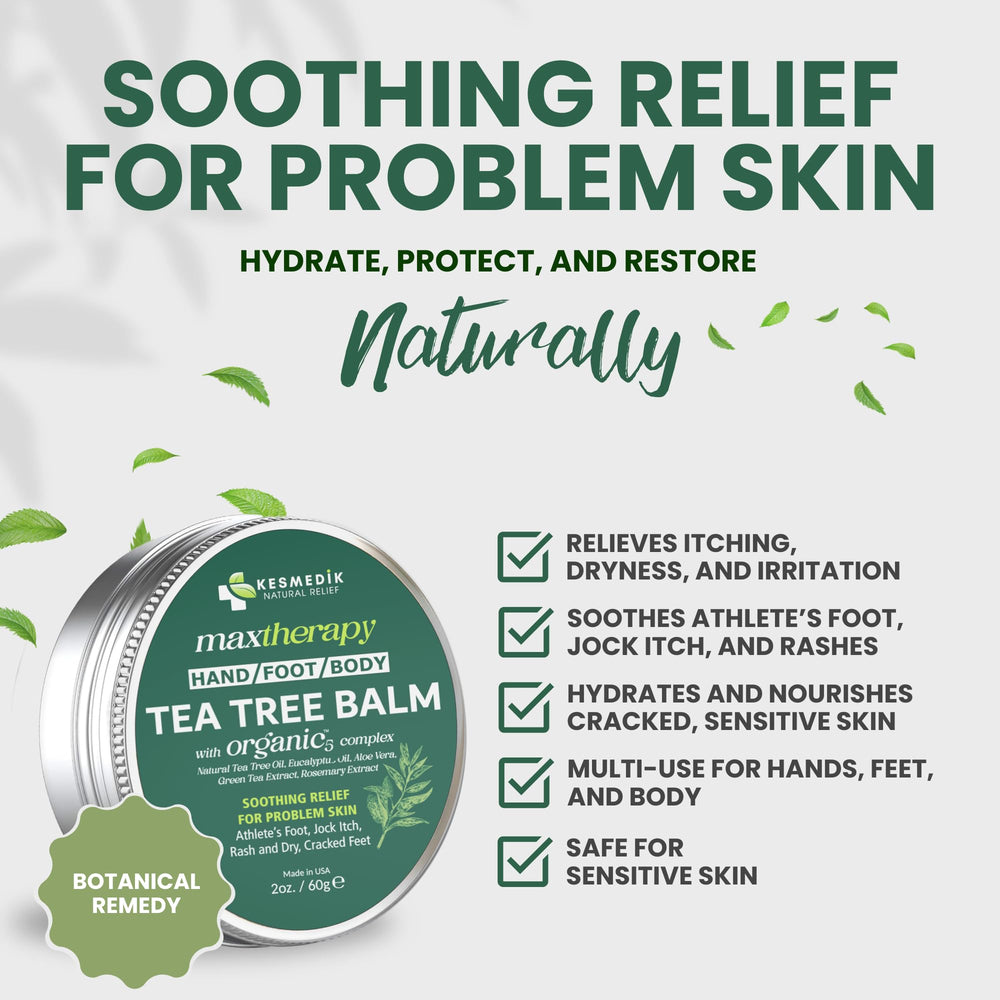 KESMEDIK Tea Tree Oil Balm jar close-up shows creamy, non-greasy texture.
