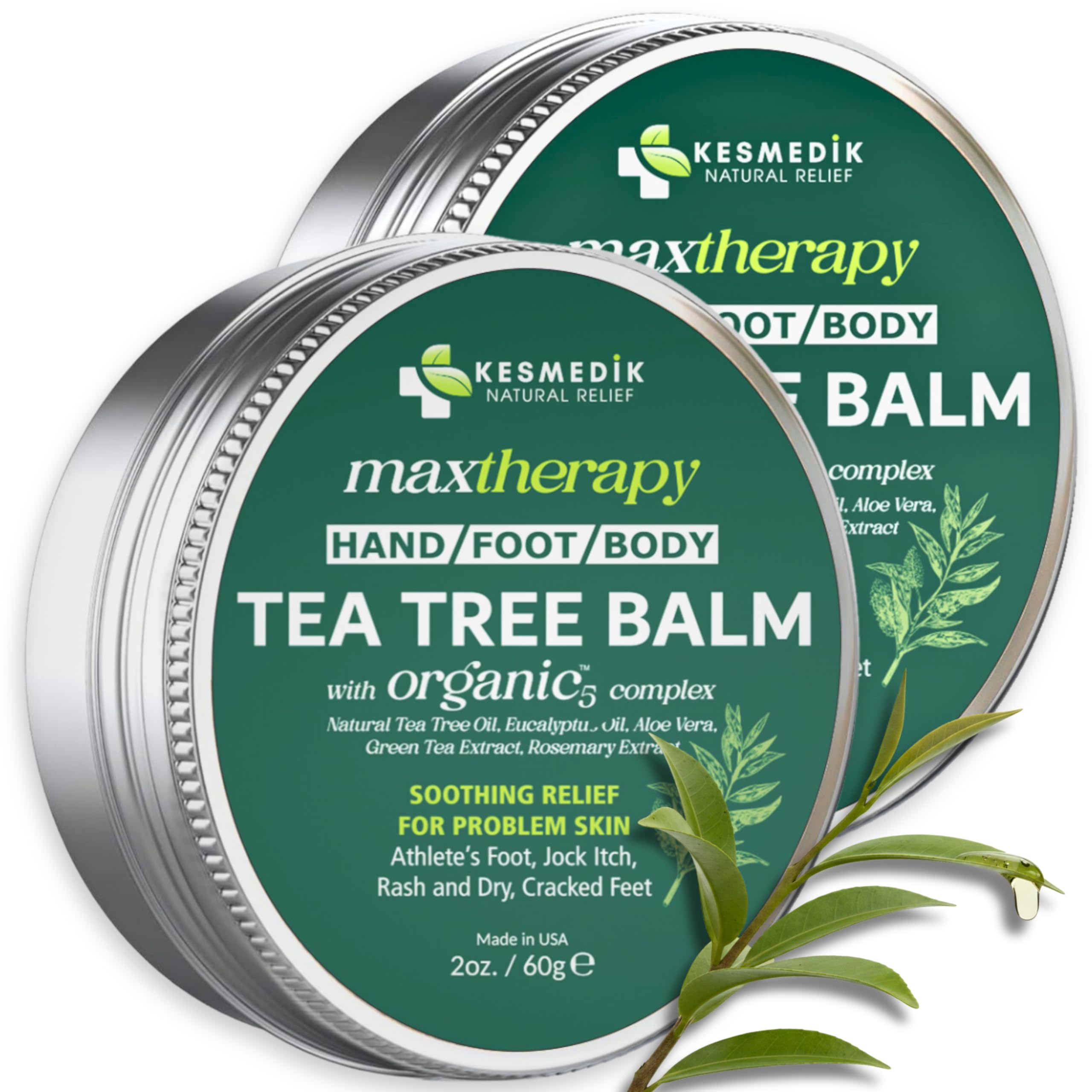 KESMEDIK Tea Tree Oil Balm label shows natural ingredients for soothing skin.