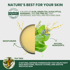 KESMEDIK Tea Tree Oil Balm packaging emphasizes USA-made, organic ingredients.