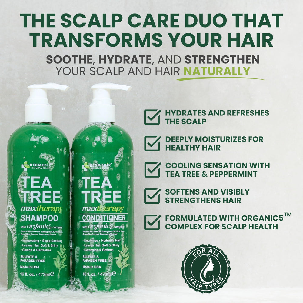 Pouring view of KESMEDIK Tea Tree Oil Shampoo bottle for cleansing