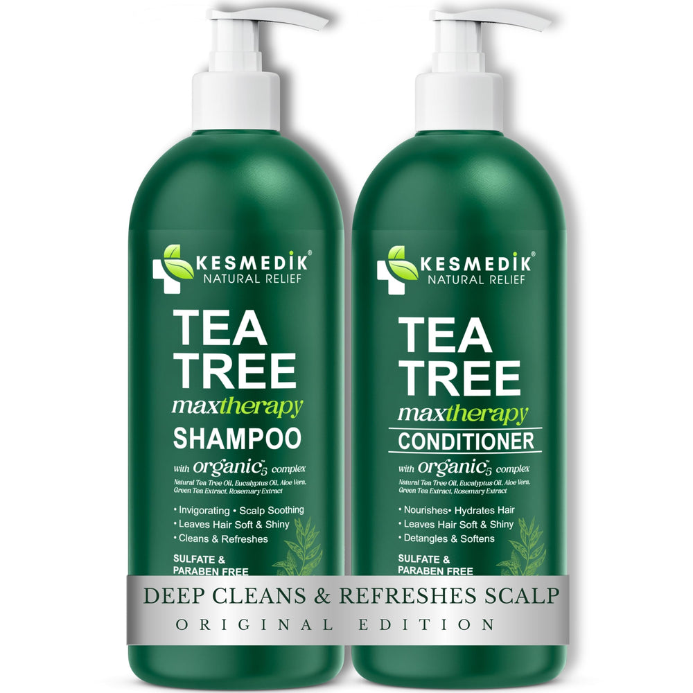 KESMEDIK Tea Tree Oil Shampoo bottle close-up for scalp refreshment