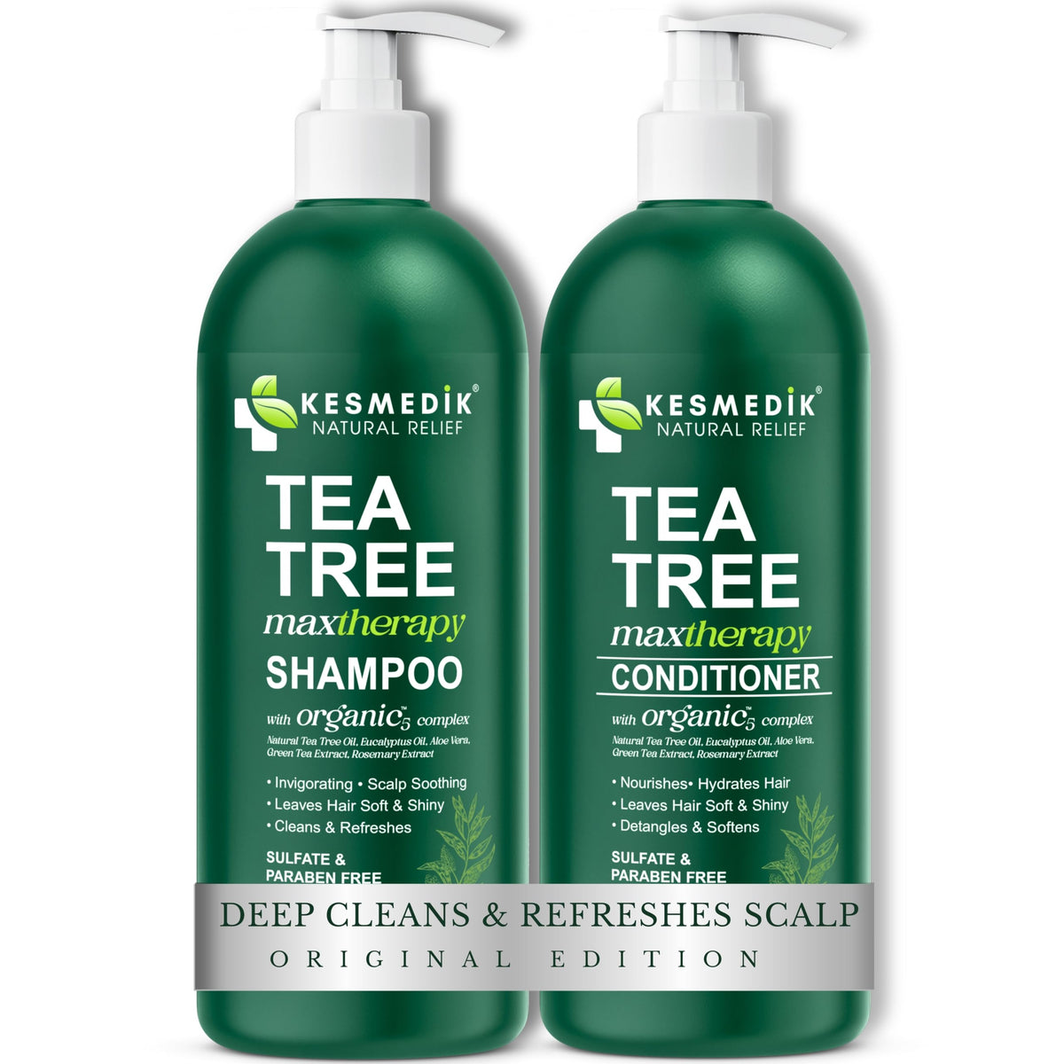 KESMEDIK Tea Tree Oil Shampoo bottle close-up for scalp refreshment