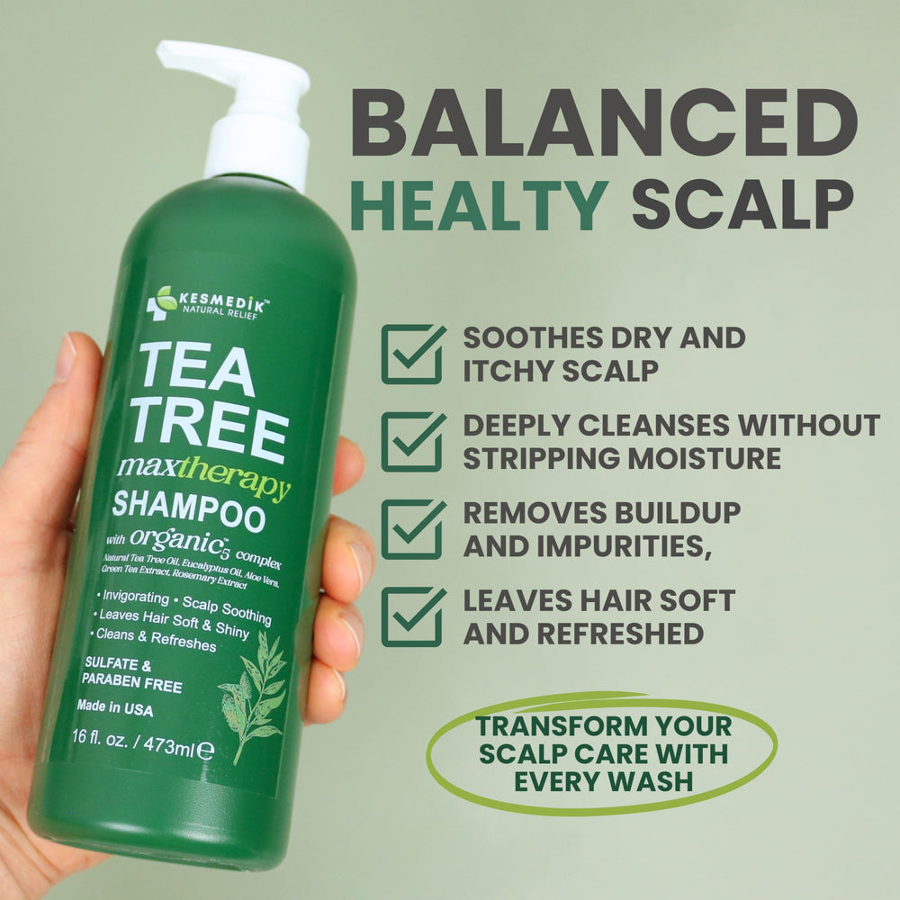 KESMEDIK shampoo de árbol de té MaxTherapy, aplicación en la palma para uso diario.