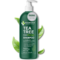 KESMEDIK shampoo de árbol de té MaxTherapy, botella, limpieza profunda y sensación refrescante.