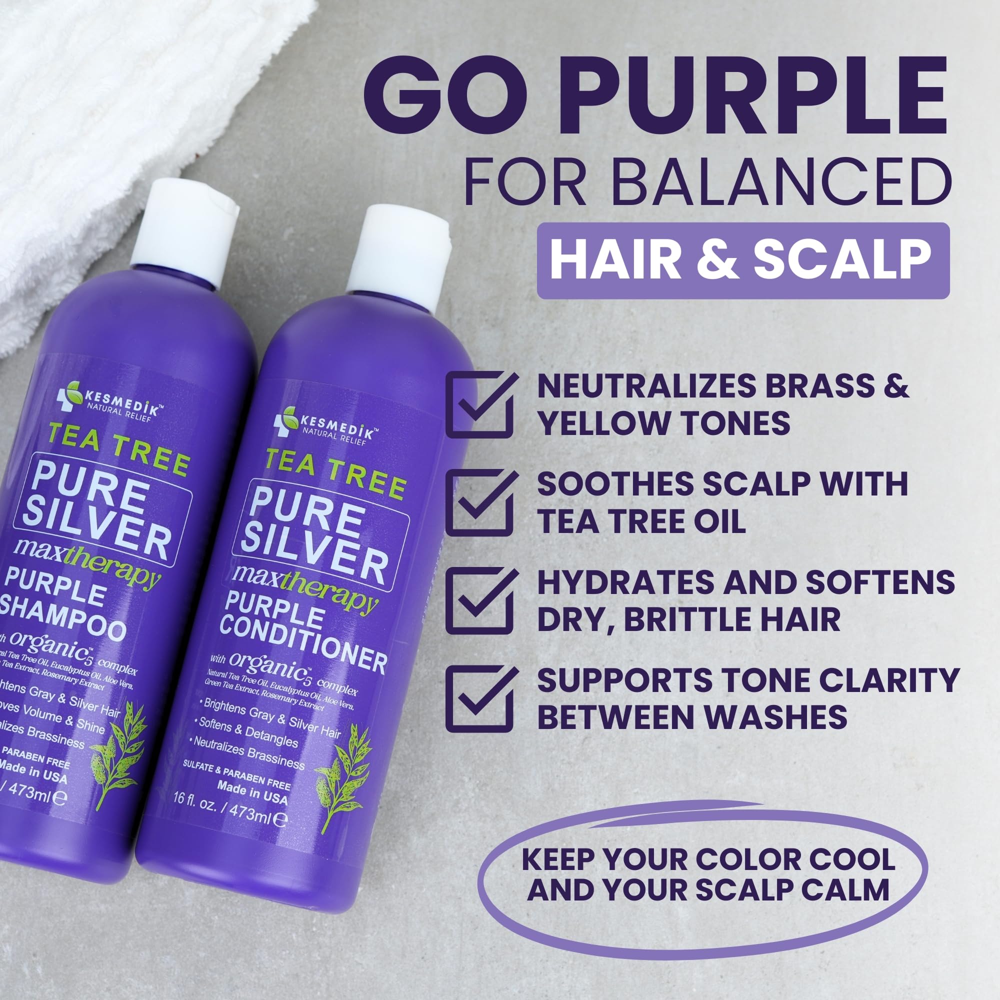 KESMEDIK Tea Tree Purple Conditioner bottle illustrating moisturizing and tone maintenance.