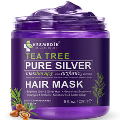 KESMEDIK Tea Tree Purple Hair Mask bottle promotes brass neutralization for blonde and gray hair.
