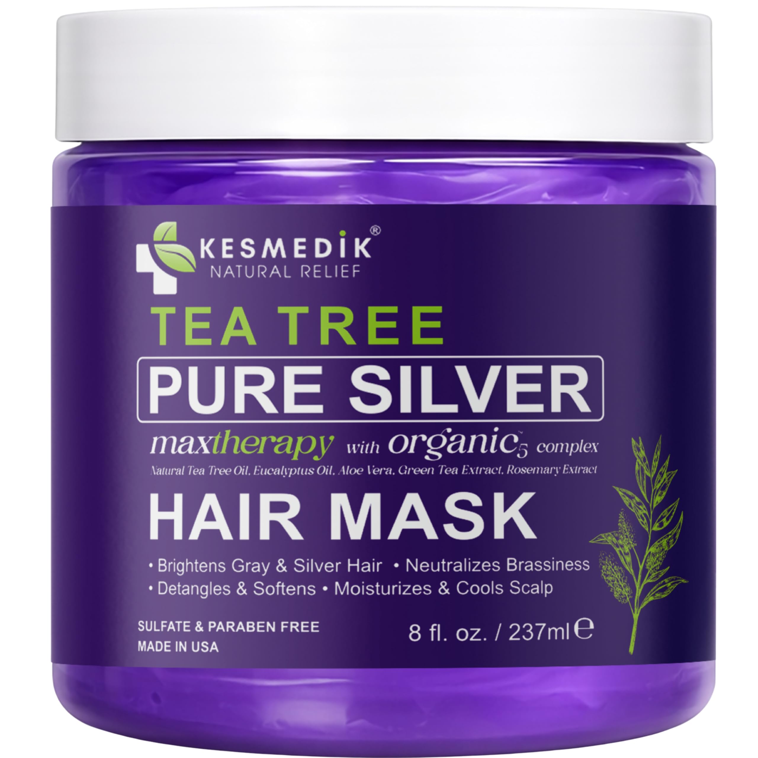 KESMEDIK Tea Tree Purple Hair Mask packaging box showcases USA-made, paraben-free formulation.