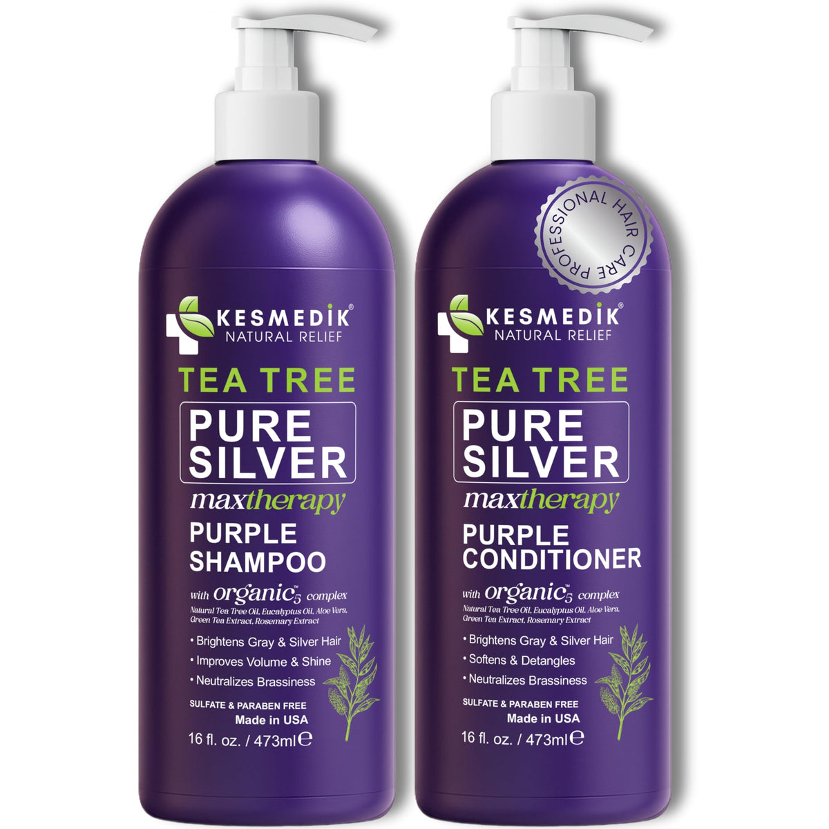 KESMEDIK Tea Tree Purple Shampoo bottle showing toning action for blonde and gray hair.