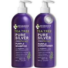 KESMEDIK Tea Tree Purple Shampoo bottle showing toning action for blonde and gray hair.