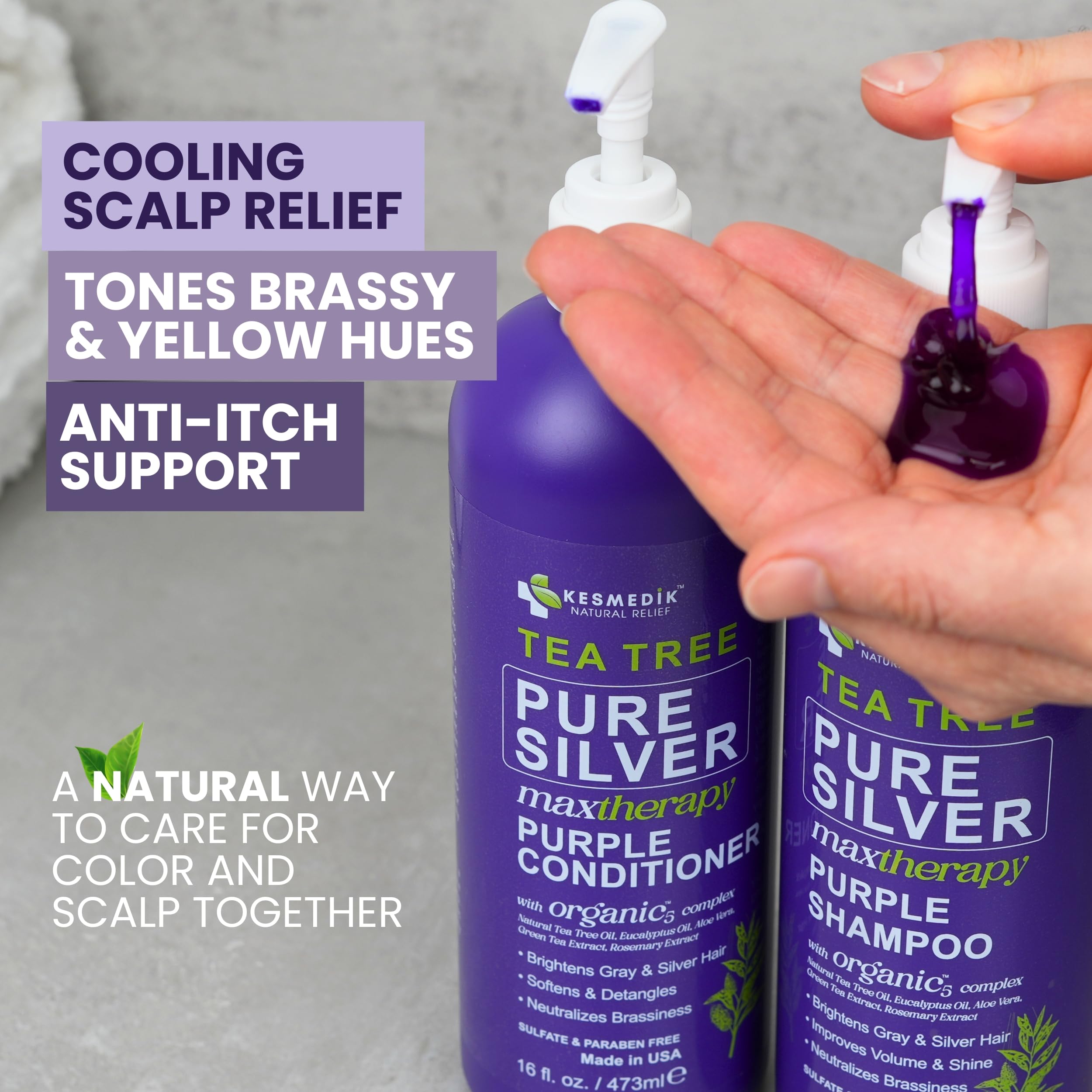 KESMEDIK Tea Tree Purple Shampoo label close-up highlighting sulfate-free toning formula.