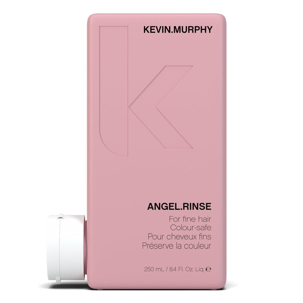 KEVIN.MURPHY ANGEL.RINSE bottle close-up showing colour-safe hydration for fine hair.