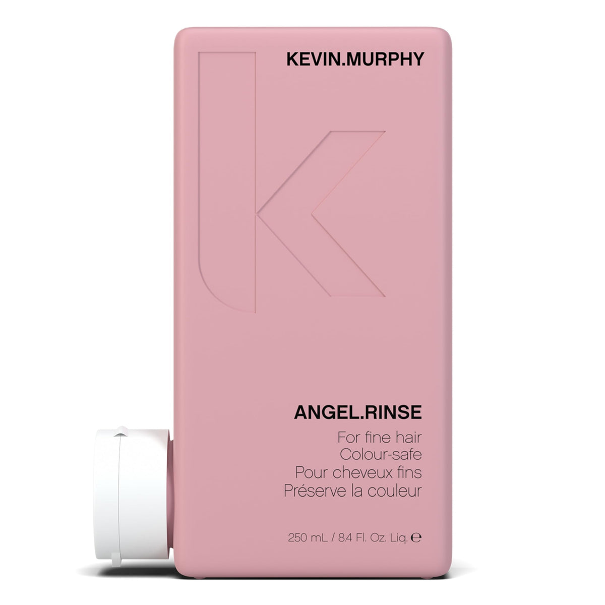 KEVIN.MURPHY ANGEL.RINSE bottle close-up showing colour-safe hydration for fine hair.
