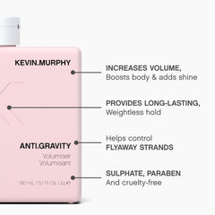 Shiny, weightless finish on styled hair with KEVIN.MURPHY ANTI.GRAVITY