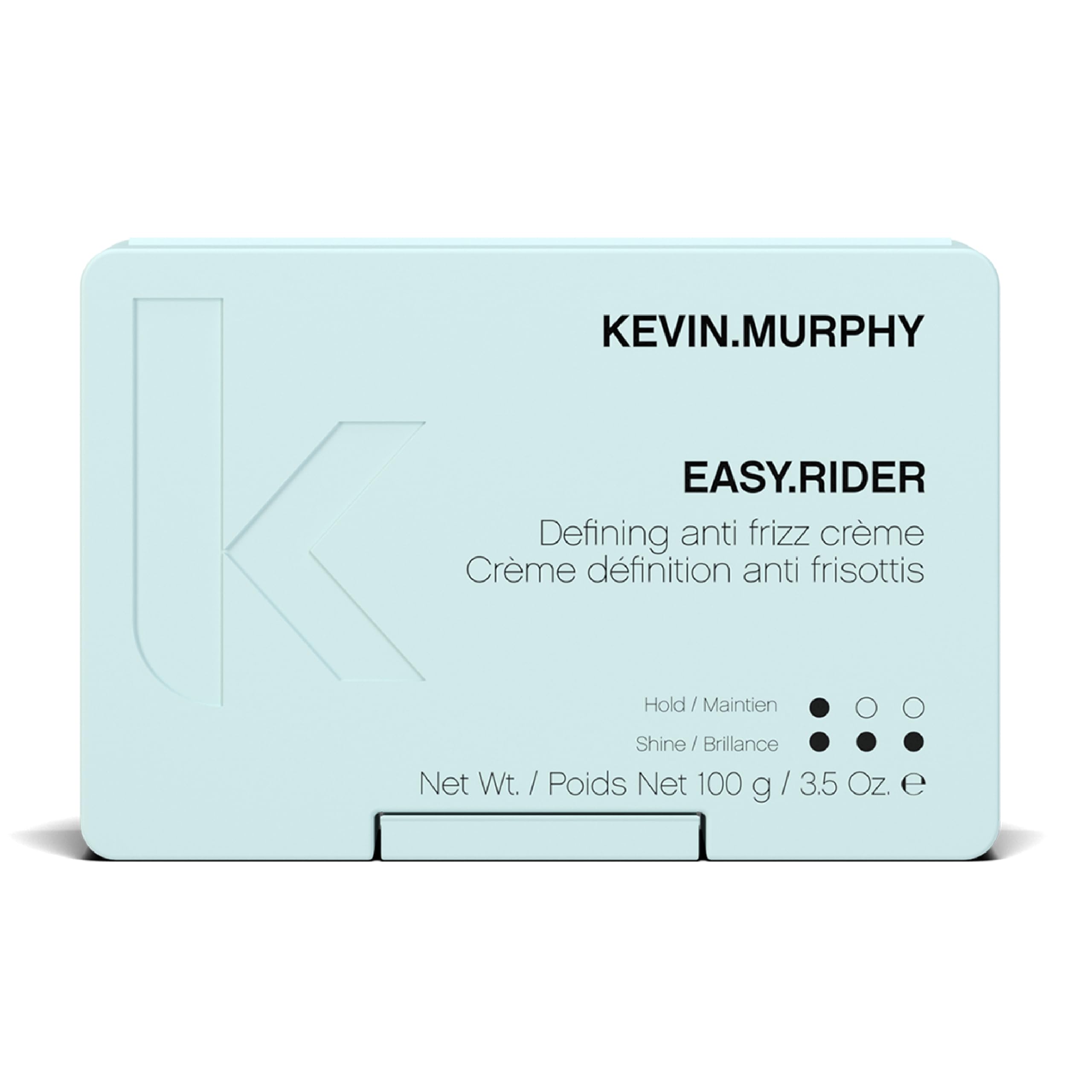 KEVIN.MURPHY EASY.RIDER bottle closeup demonstrates frizz control and a smooth finish.