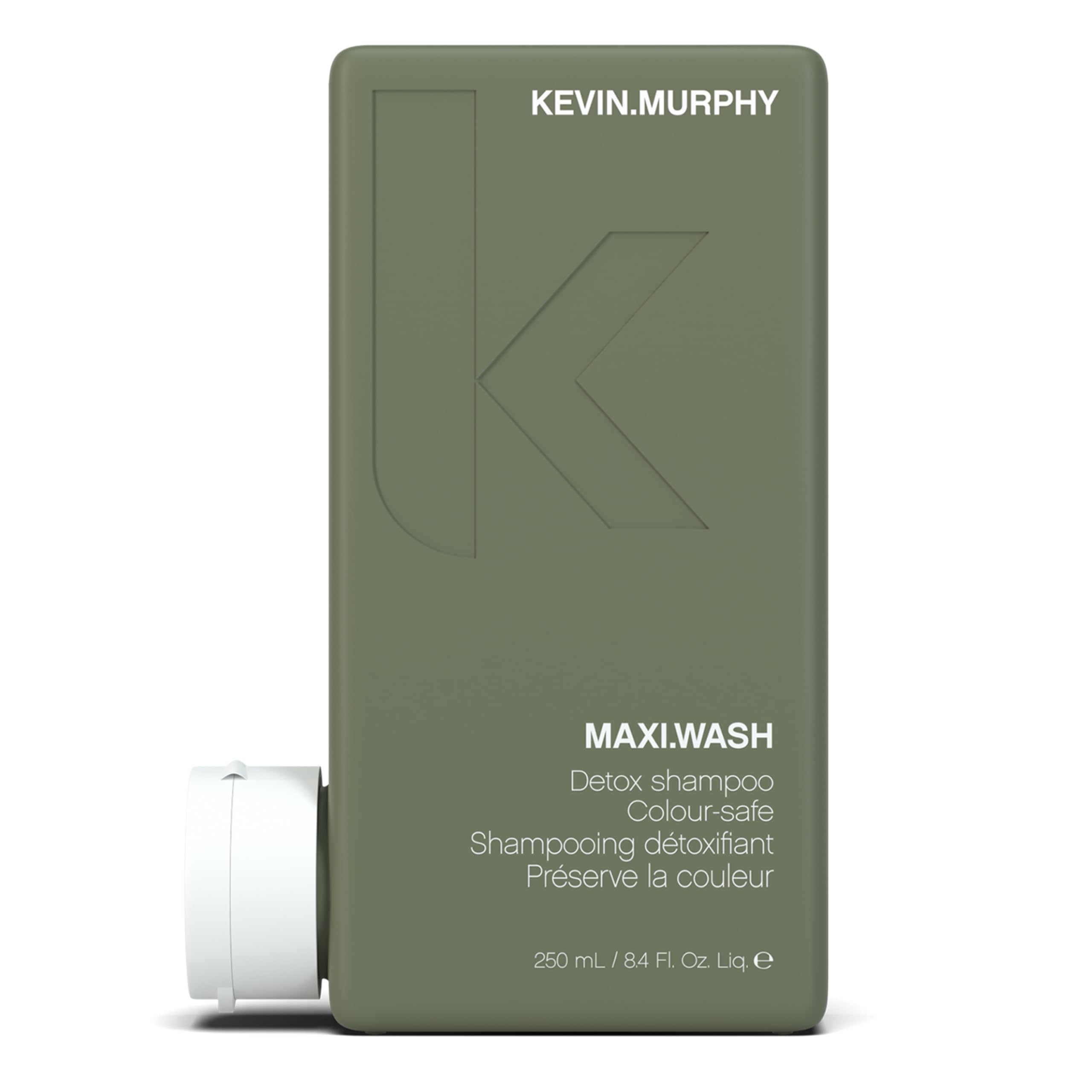 KEVIN.MURPHY MAXI.WASH bottle shows detox formula for colour-treated hair, purifying the scalp.
