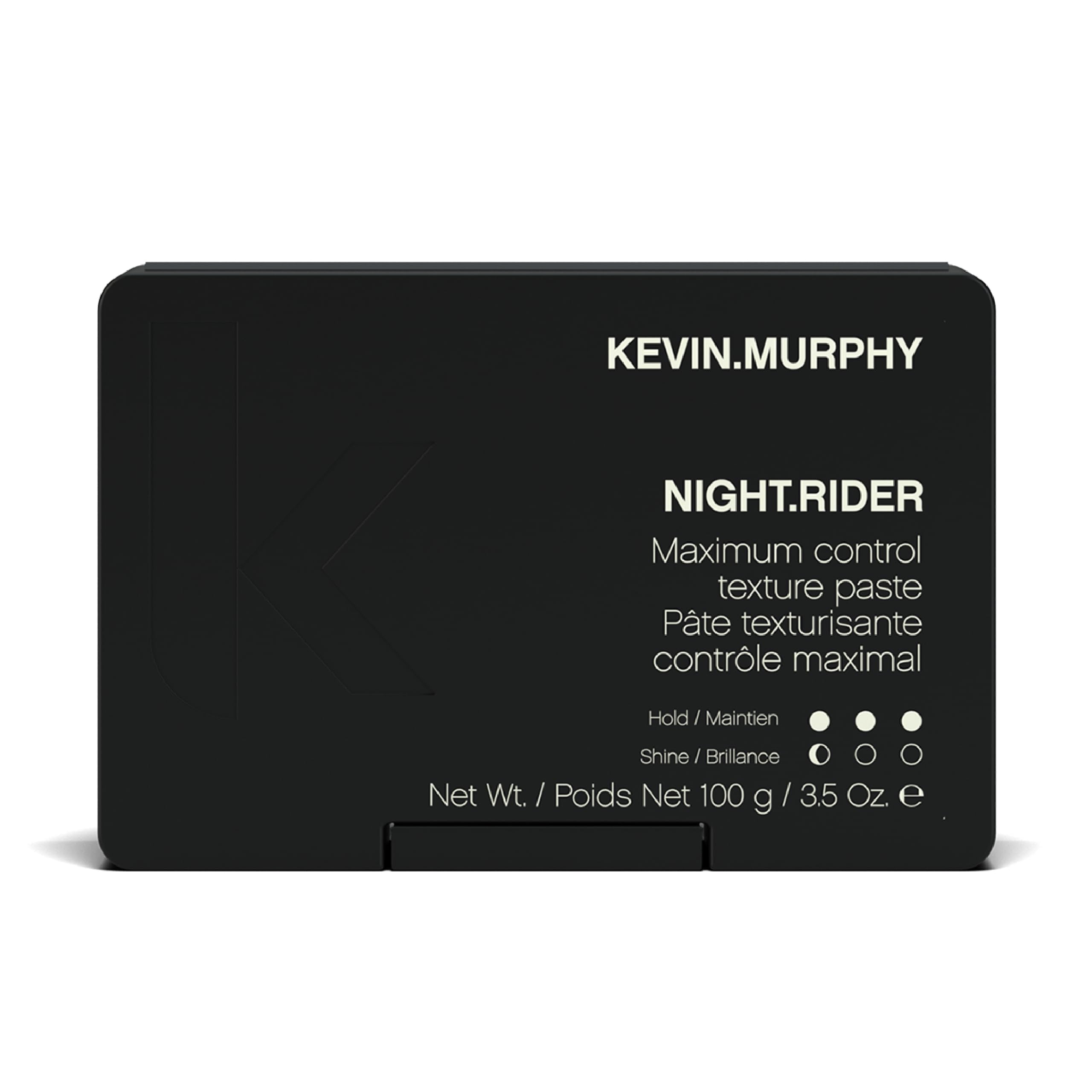 KEVIN.MURPHY NIGHT.RIDER bottle close-up highlighting strong moulding paste for all hair types.