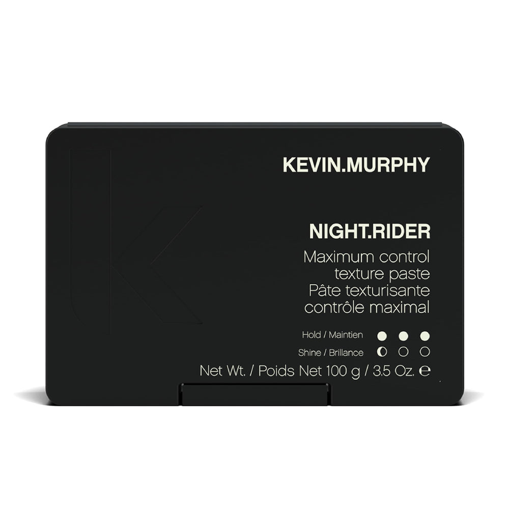 KEVIN.MURPHY NIGHT.RIDER bottle close-up highlighting strong moulding paste for all hair types.