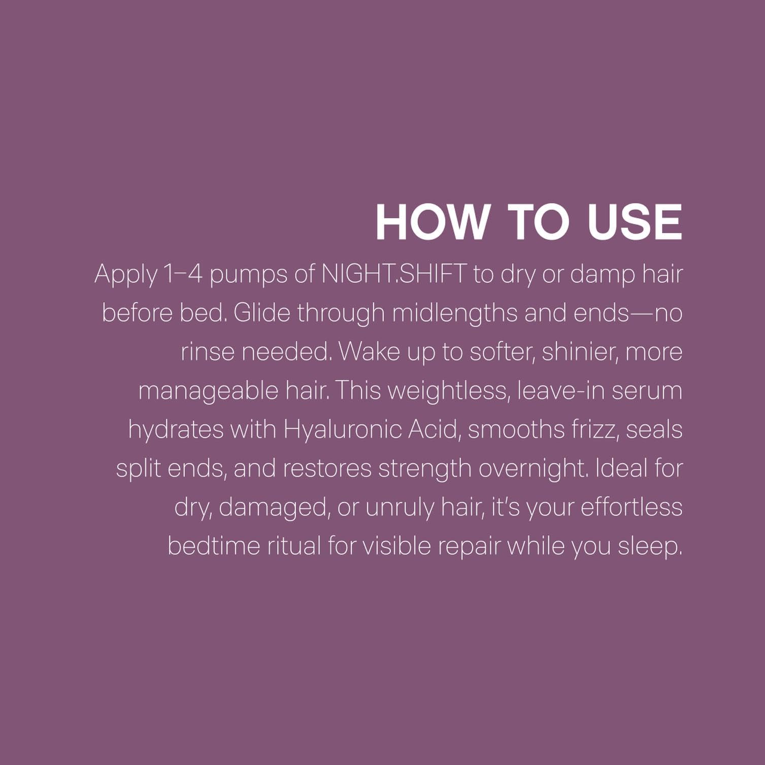KEVIN.MURPHY NIGHT.SHIFT Hyaluronic Acid graphic emphasizes moisture retention in hair strands.