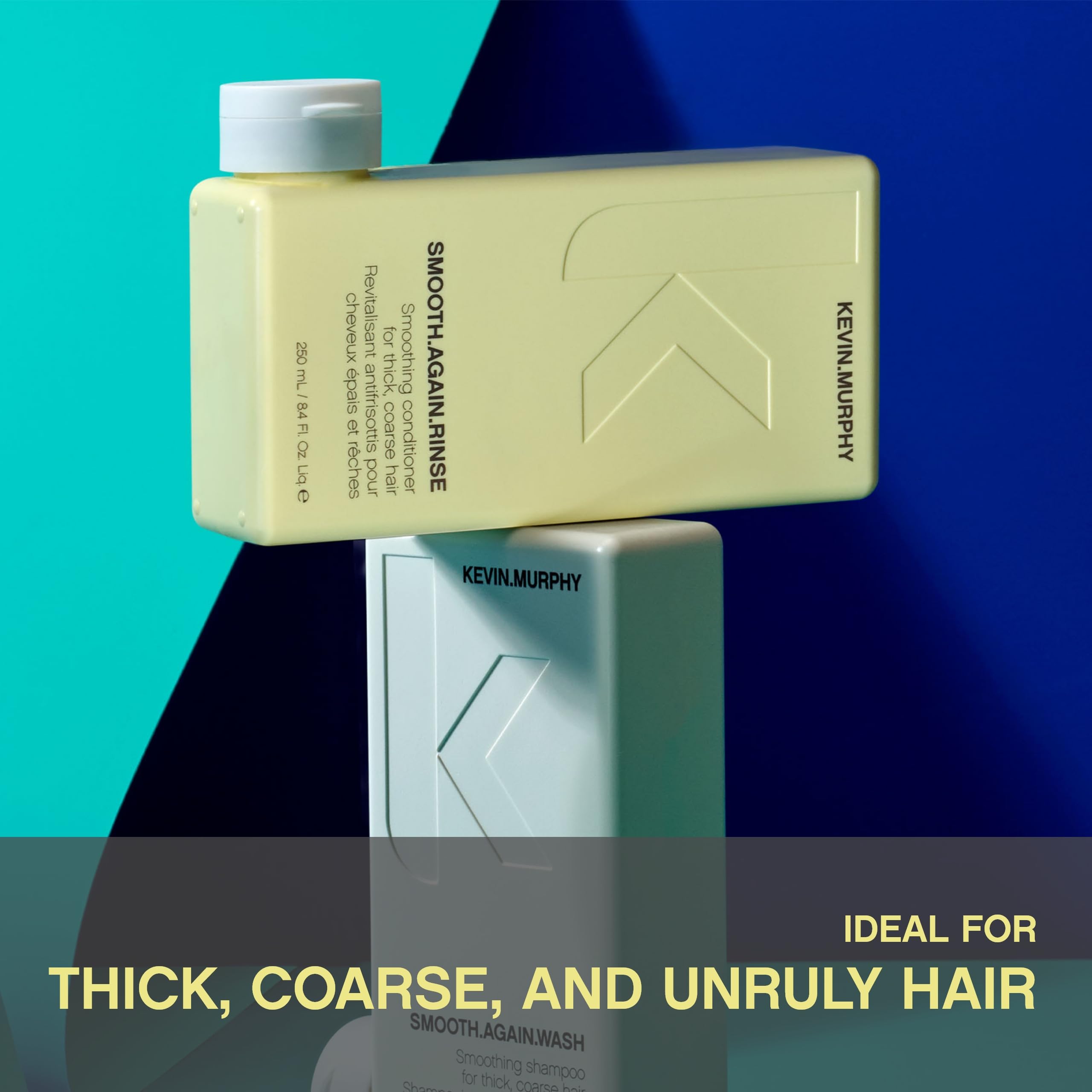 KEVIN.MURPHY SMOOTH.AGAIN before-after look shows smoother, more manageable thick hair