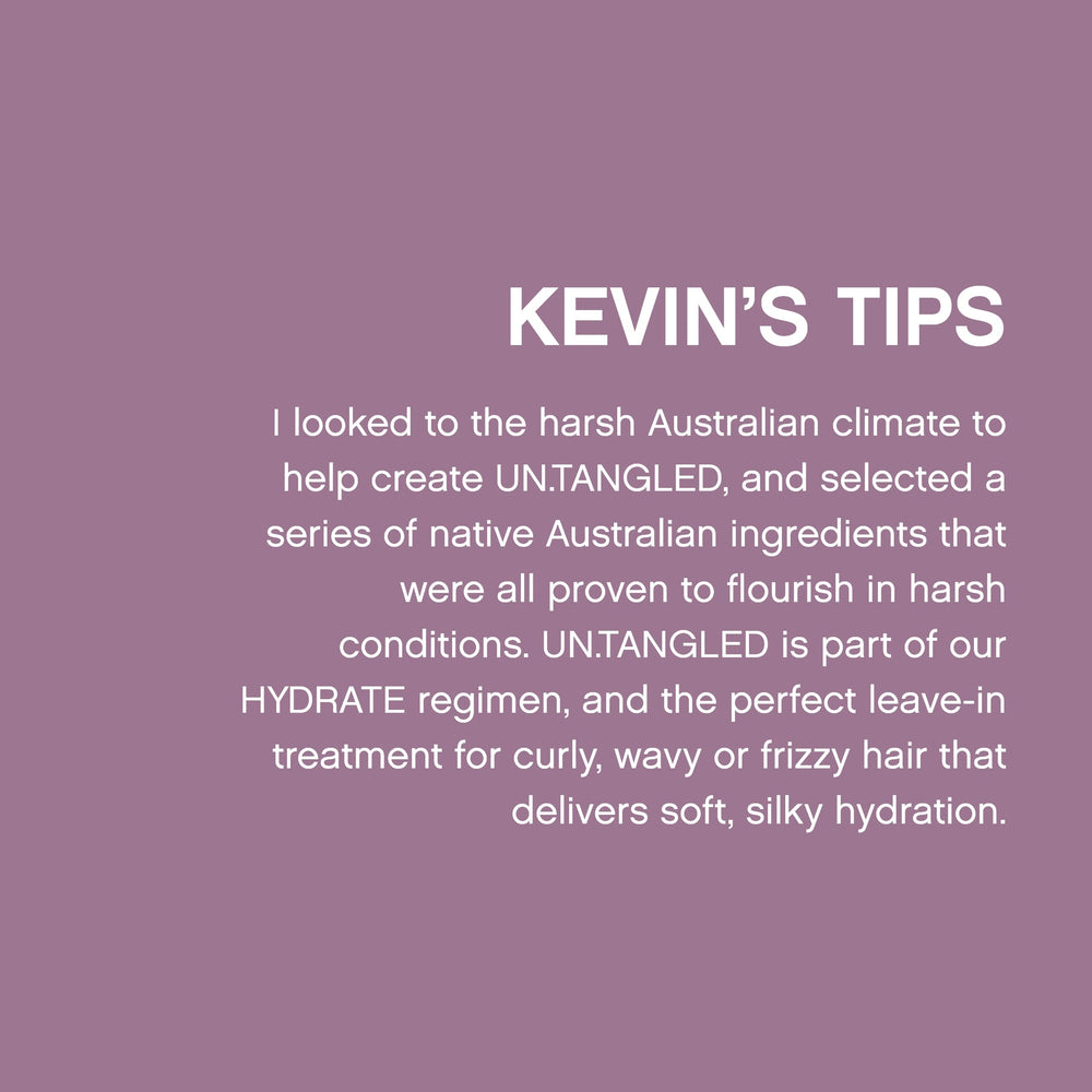 Droplets on KEVIN.MURPHY UN.TANGLED bottle suggesting hydration and shine.