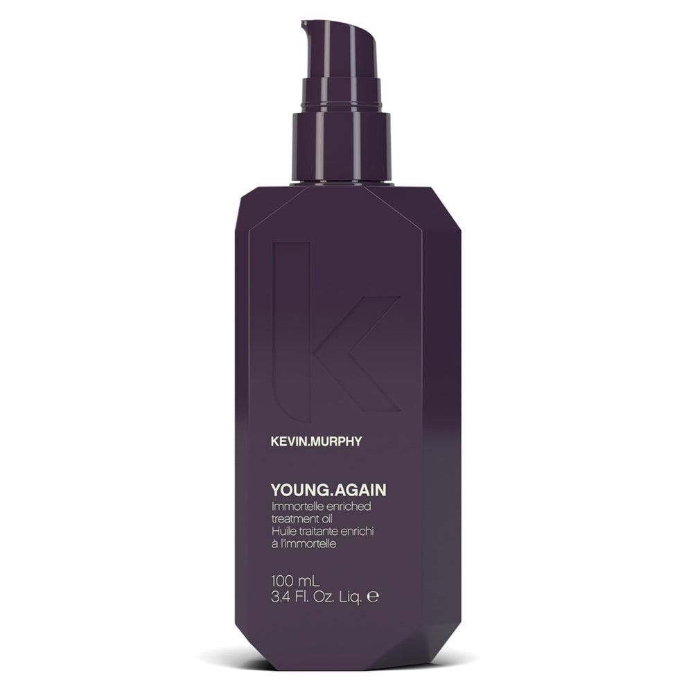 KEVIN.MURPHY Young.Again bottle closeup showing premium conditioning for all hair types.