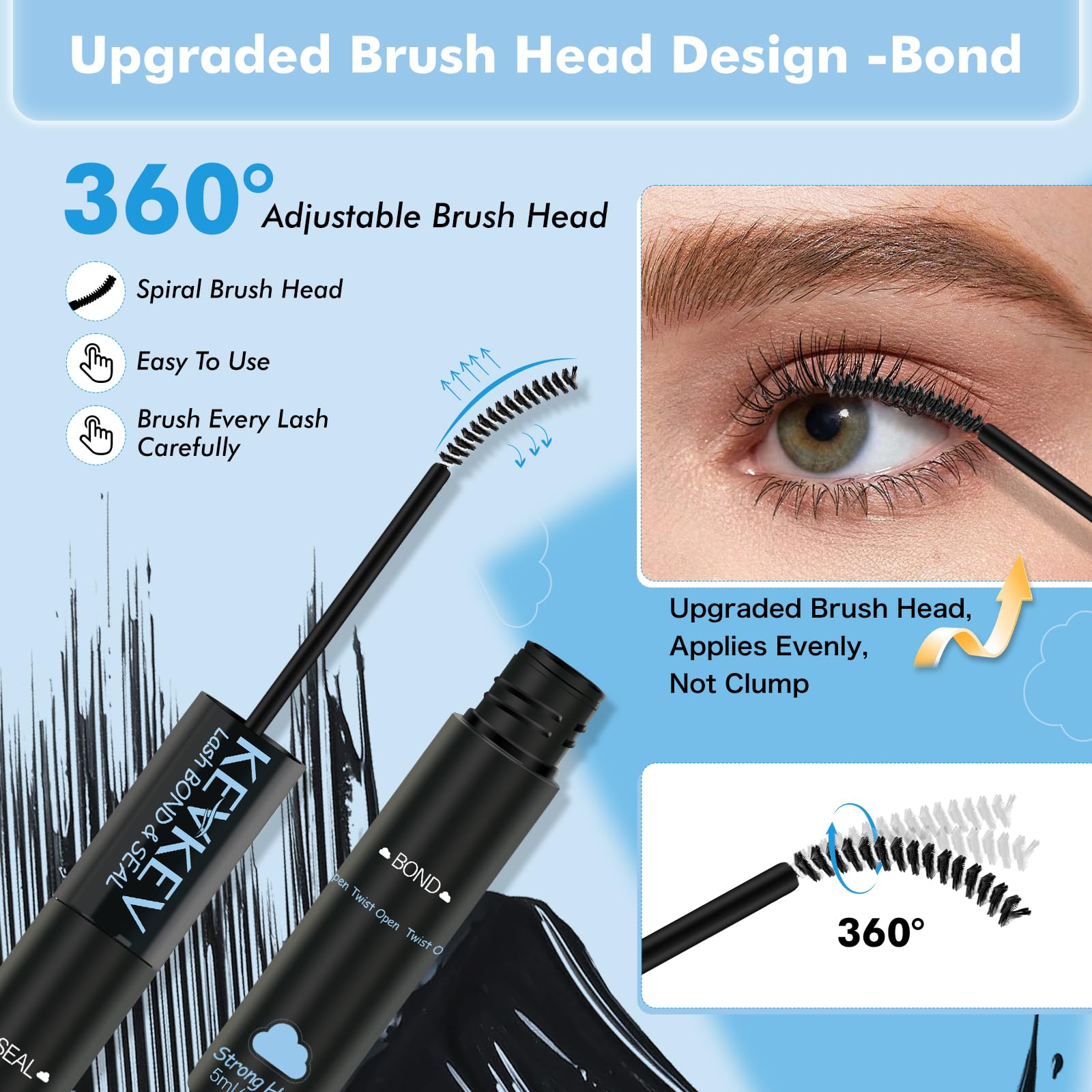 KevKev fast-drying-lash-glue allows quick, natural-looking cluster bonding.