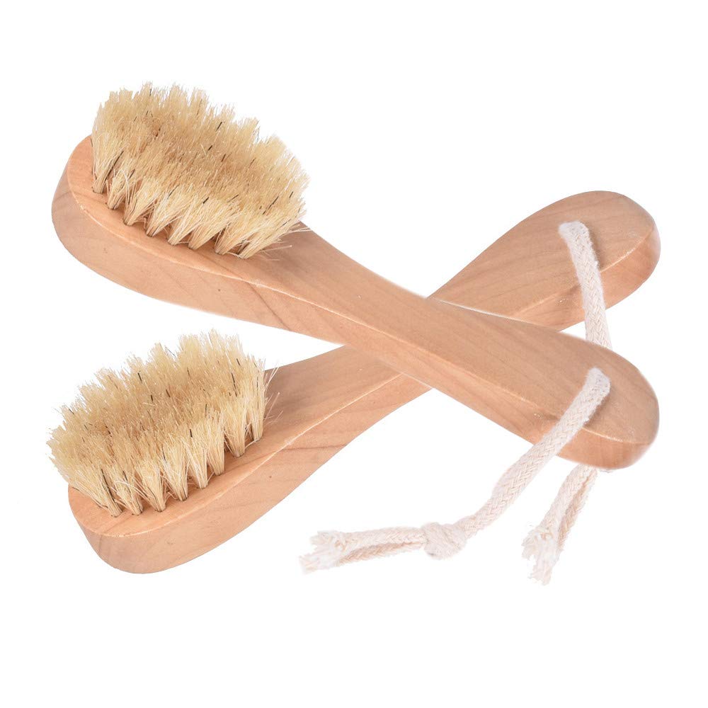 KEWLYSEU wooden-handle facial brush with comfortable grip during cleansing