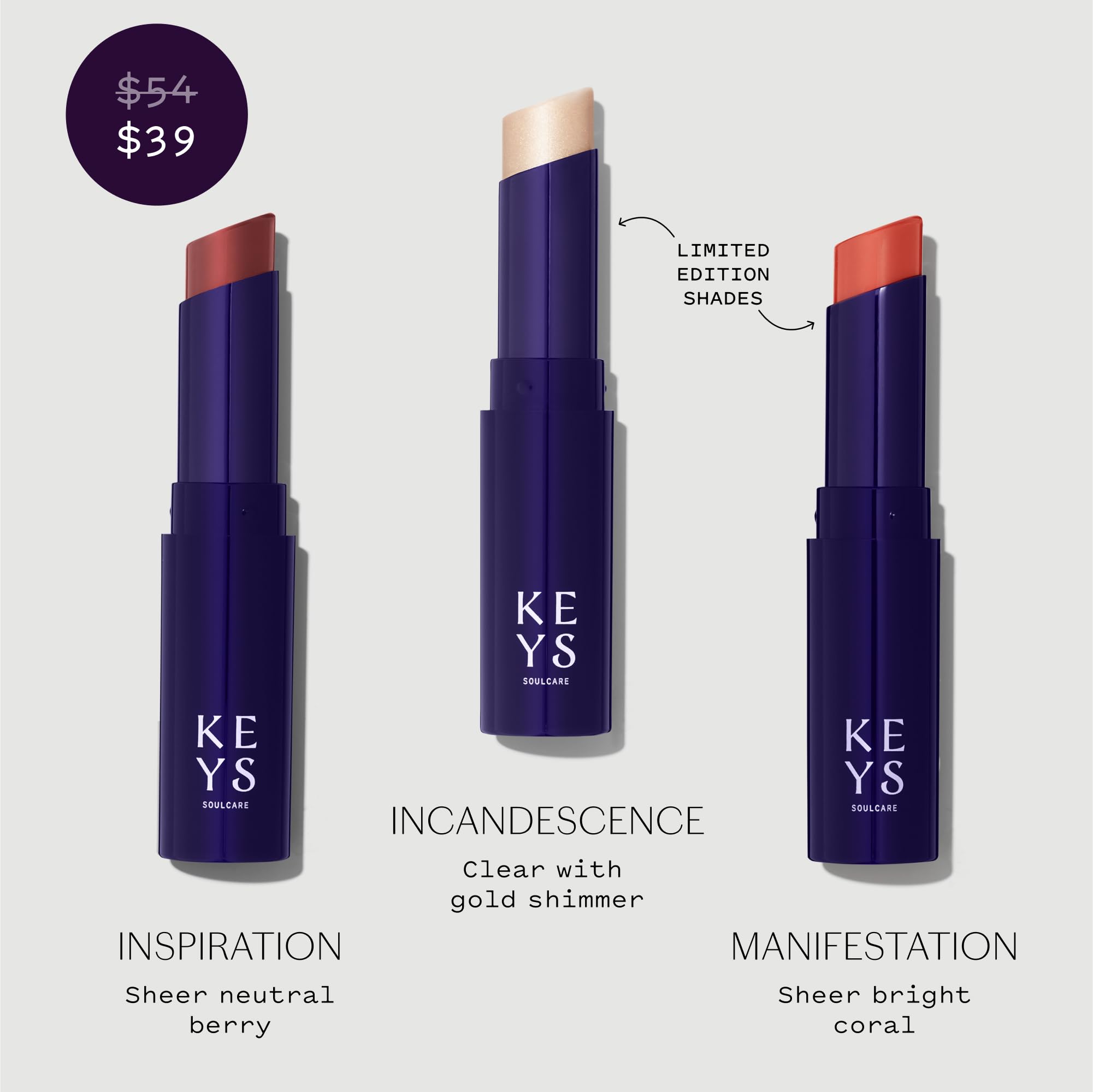 Keys Soulcare Soulful Kiss berry swatch provides smooth, sheer color on lips