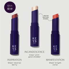 Keys Soulcare Soulful Kiss berry swatch provides smooth, sheer color on lips