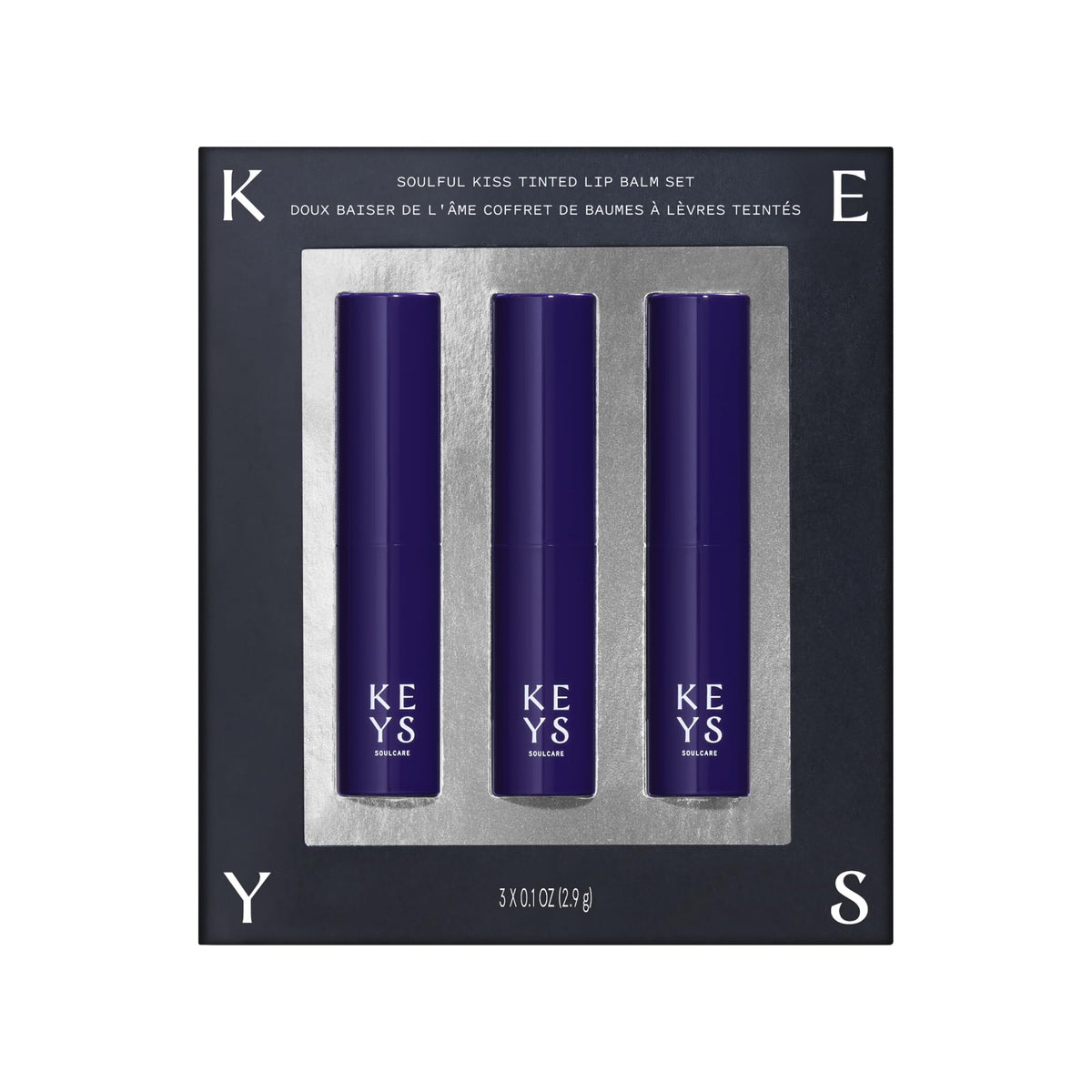 Keys Soulcare Soulful Kiss lip balm trio packaging shown for on-the-go hydration