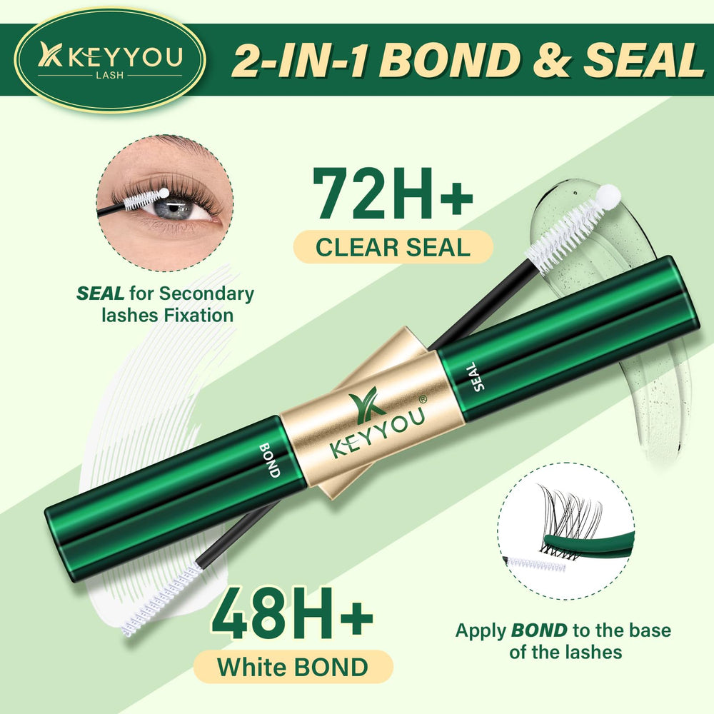 KEYYOU 2in1 lash glue bottle close-up showing bond and seal in one step.