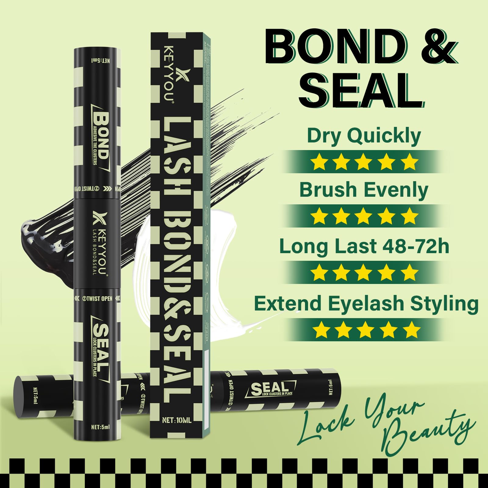 KEYYOU 360-degree rotating brush enables even coverage across lashes.