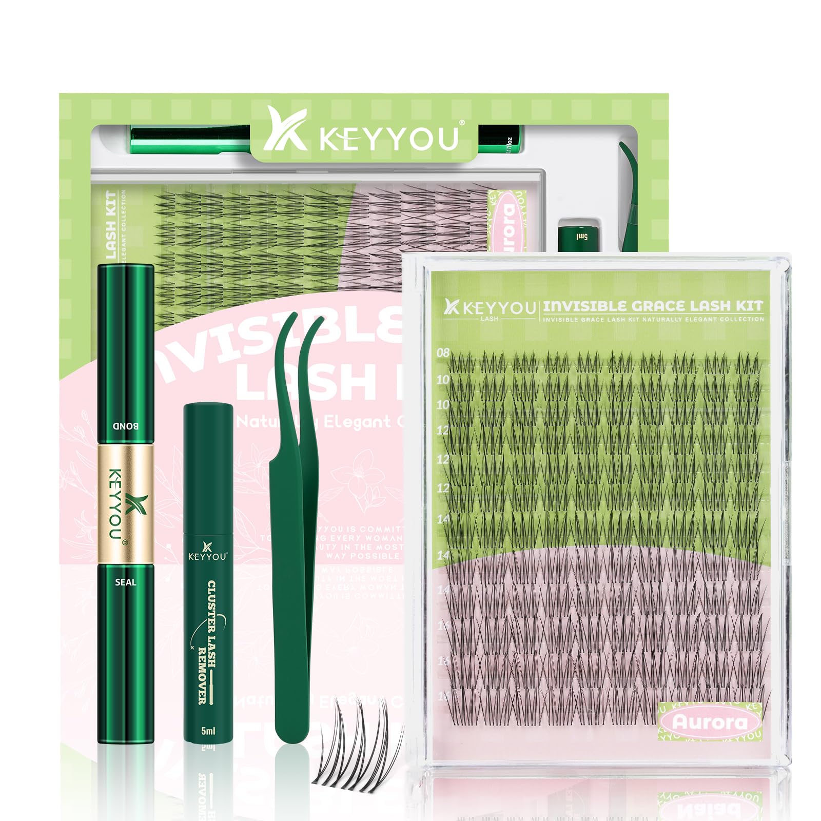 KEYYOU Aurora lash clusters kit box open showing 120 clusters for at-home use