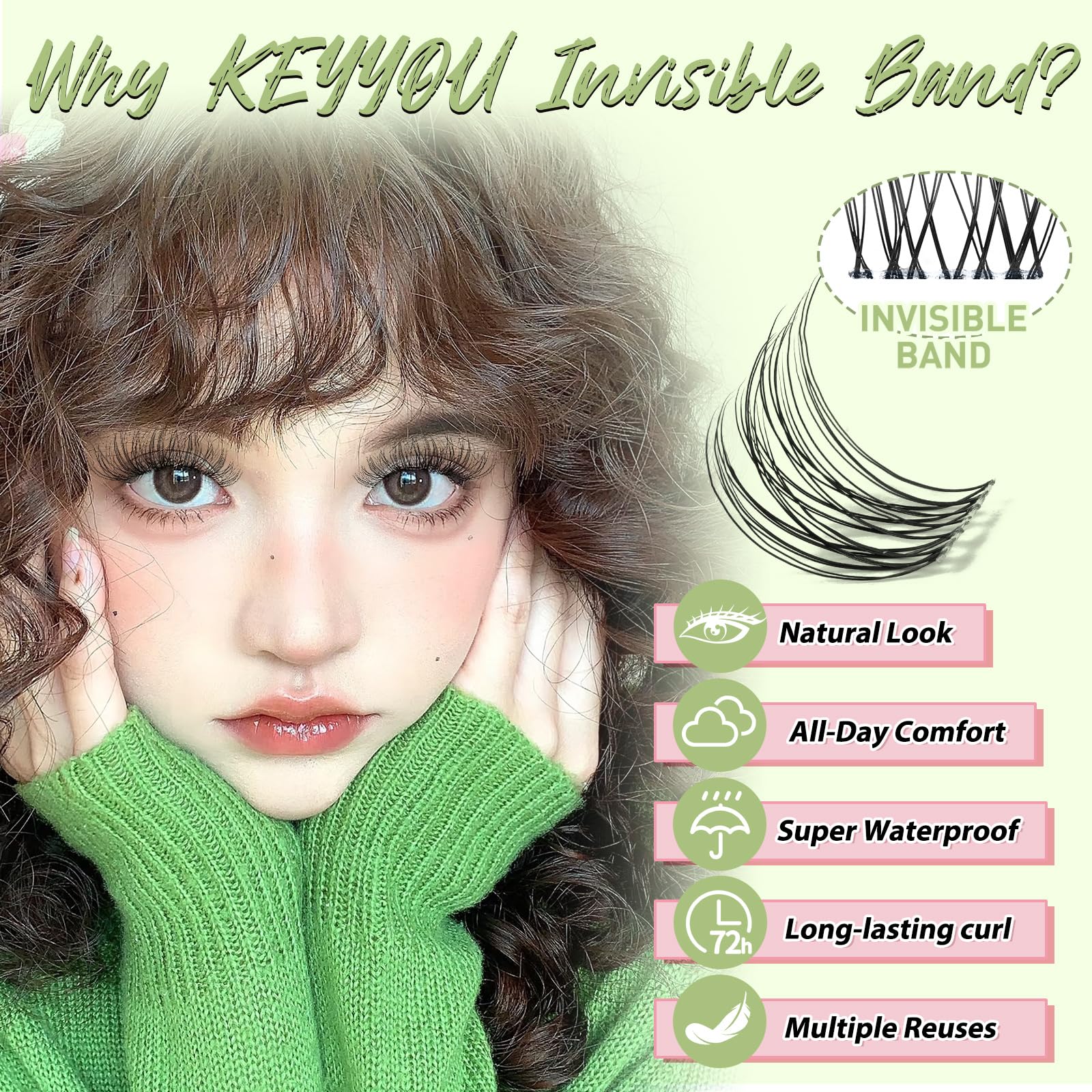 KEYYOU invisible-base lashes blend seamlessly with natural lashes for a subtle enhancement.