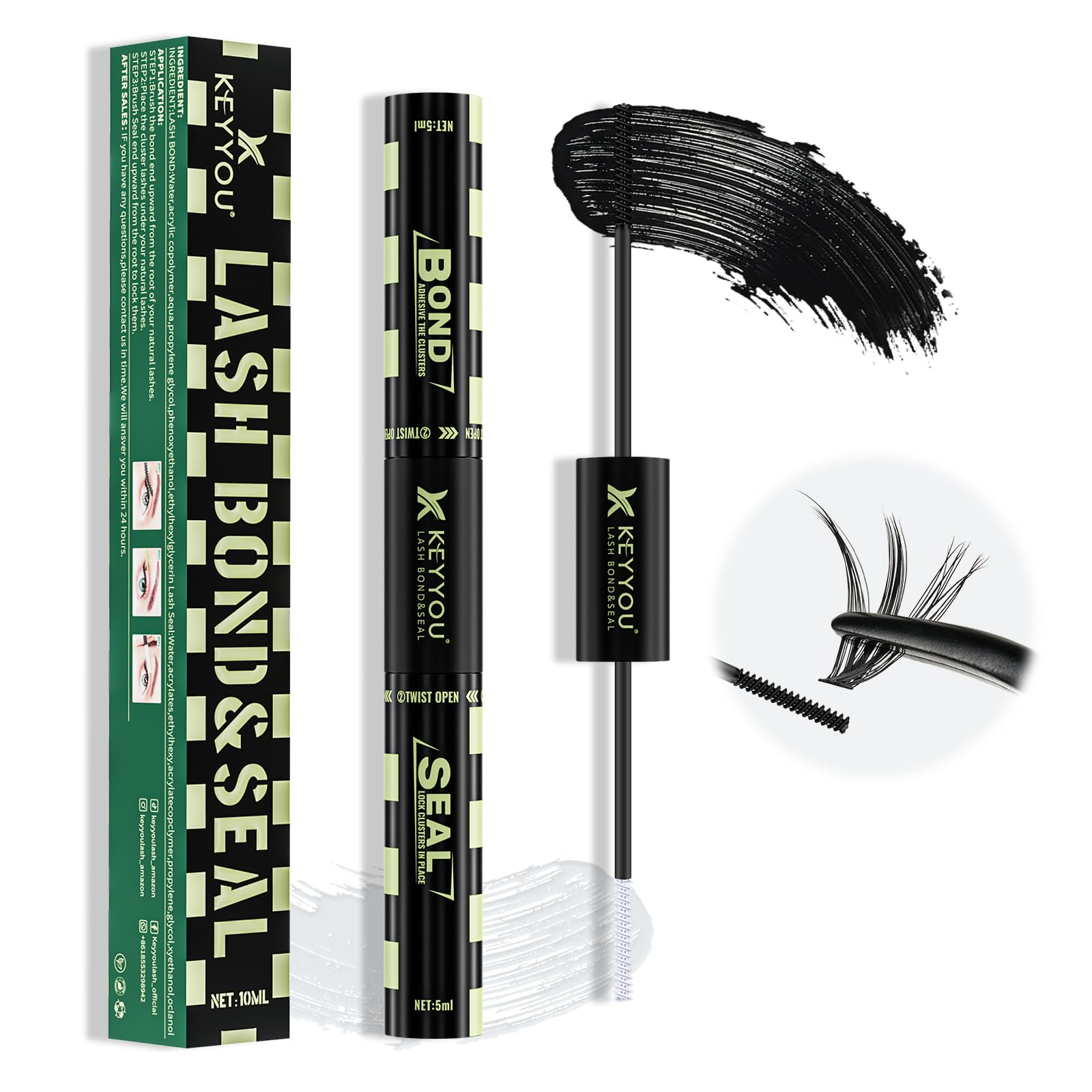 KEYYOU Lash Bond and Seal bottle front showing dual-ended design for quick lash setup.