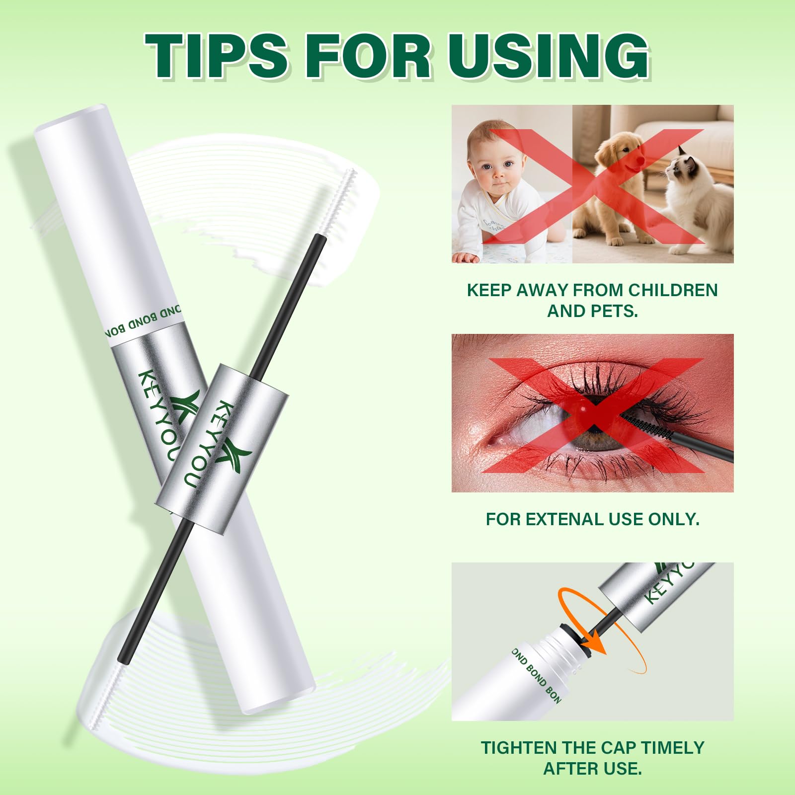 KEYYOU product close-up highlighting suitability for sensitive eyes.