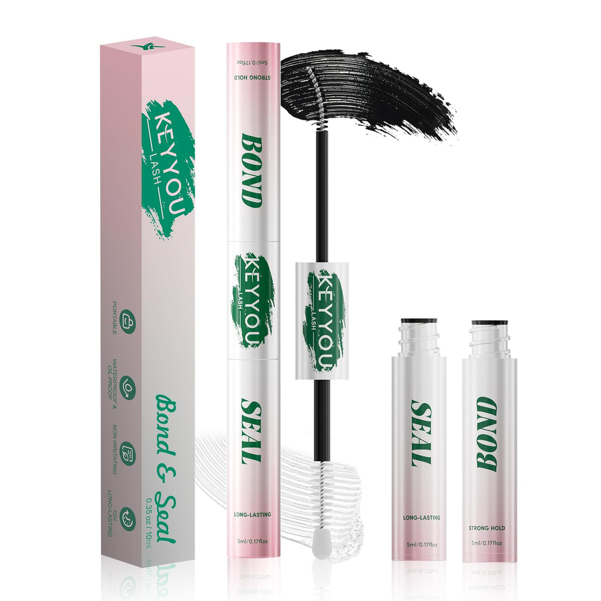 KEYYOU LASH Cluster Glue bottle close-up showing long-lasting hold for clusters