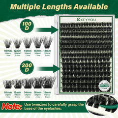 KEYYOU LASH clusters 10-18mm D curl set for varied wispy lash styles.