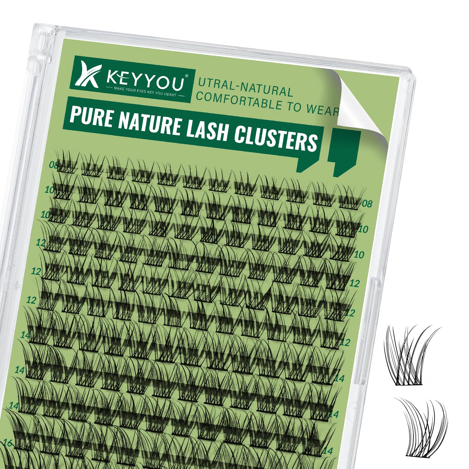 KEYYOU lash clusters in a tray with D curl for natural, all-day wear.