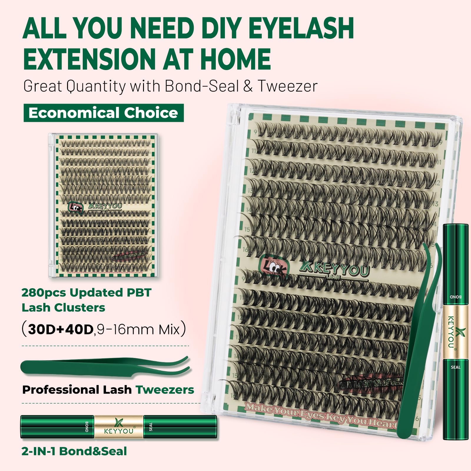 KEYYOU lash clusters 9-16mm 30D-40D for versatile looks.