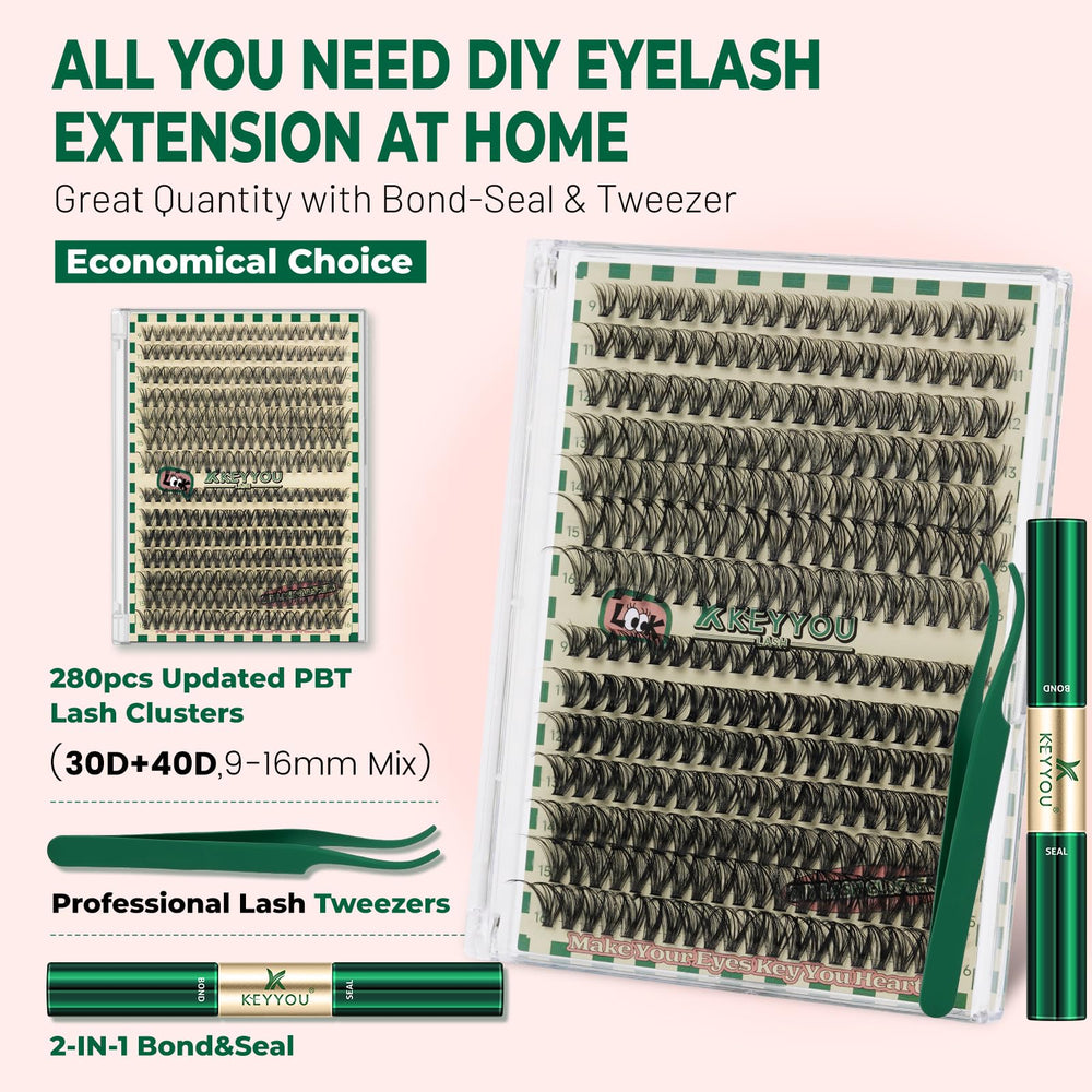 KEYYOU lash clusters 9-16mm 30D-40D for versatile looks.