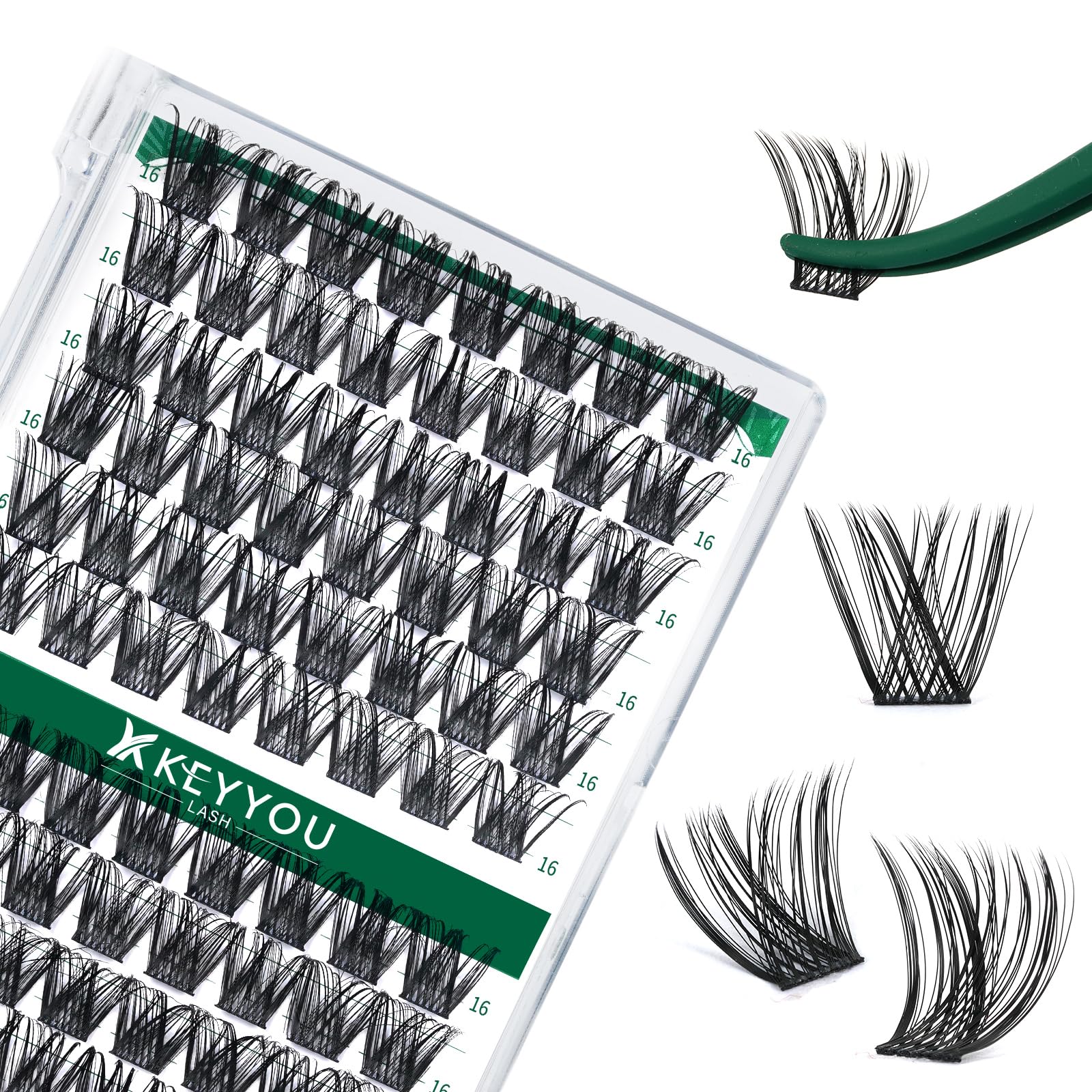 KEYYOU lash clusters 96pcs Y01 D curl 16mm for DIY extensions.
