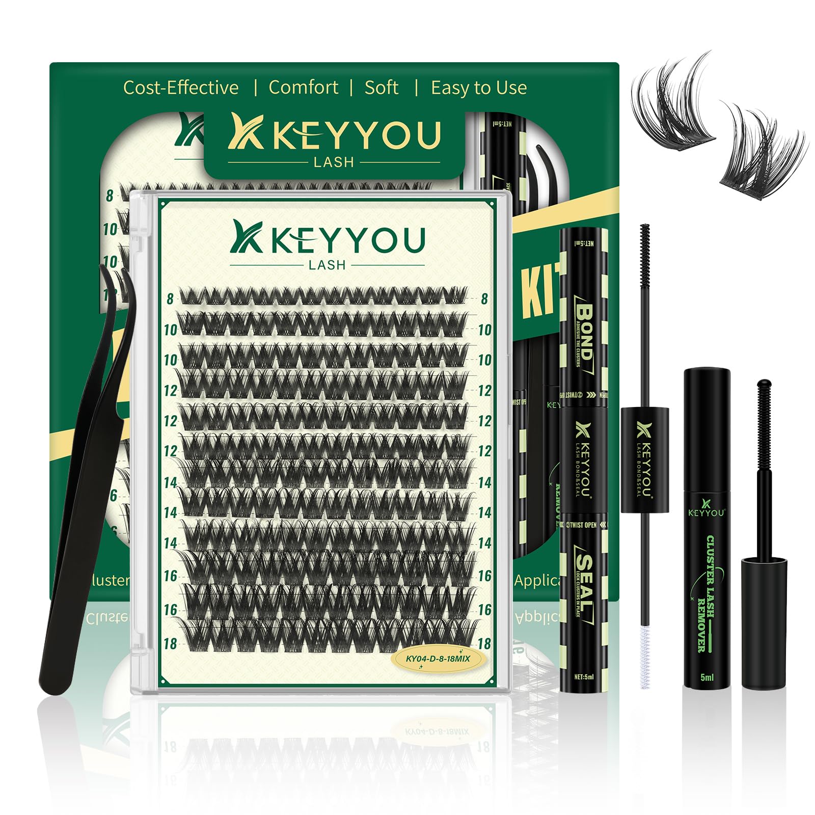 KEYYOU LASH Clusters Kit contents show an all-in-one DIY lash setup.
