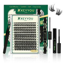 KEYYOU LASH Clusters Kit contents show an all-in-one DIY lash setup.