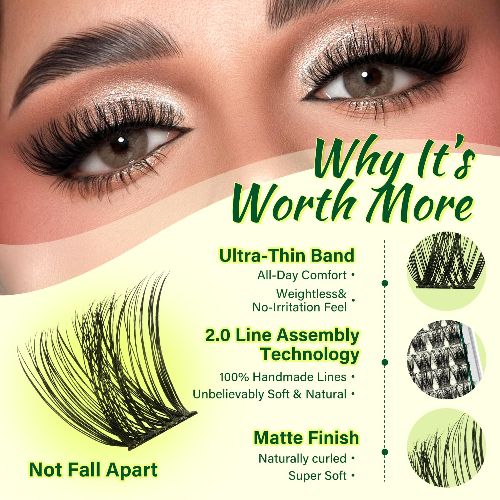 Close-up of KEYYOU 144 cluster lashes with natural-feel fibers.