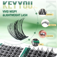 KEYYOU lash clusters on tray with upgraded adhesive tape for easy application.