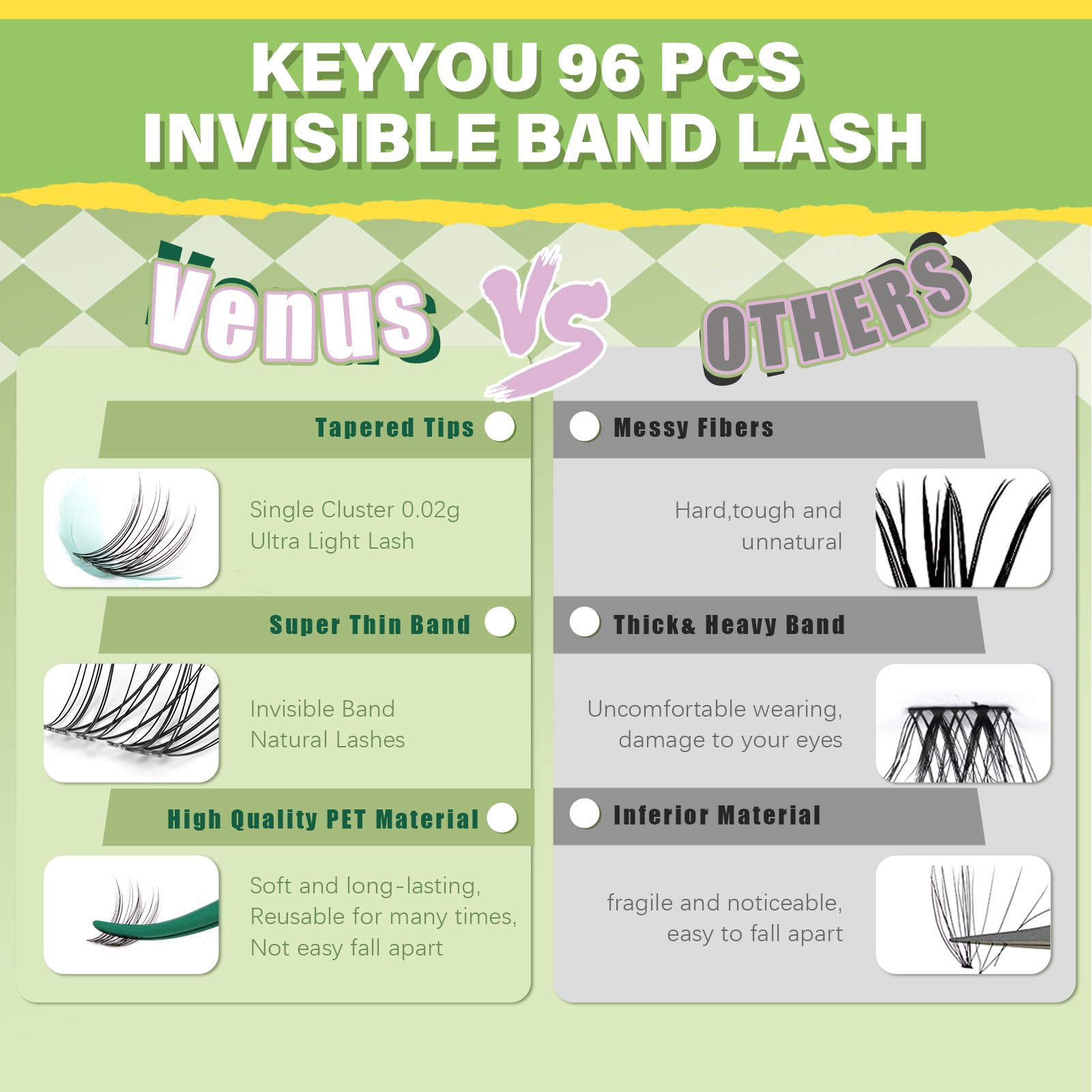 KEYYOU wide-band design lashes simplify DIY application for lash beginners.