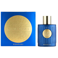 Khadlaj Azure Velvet bottle close-up highlighting premium packaging and lasting presence